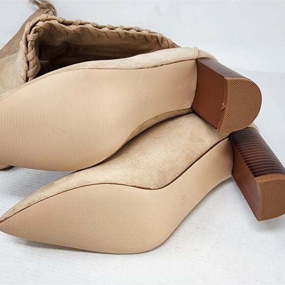 New Beige Pointed Toe Faux Suede Over the Knee High Boots Chunky Size 8.5 - Picture 4 of 13